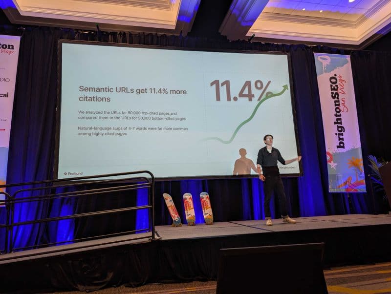 Josh Blyskal presenting semantic URL citation research at brightonSEO San Diego