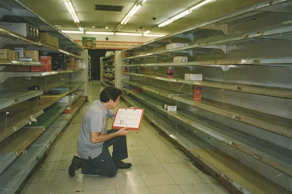 A retail merchandiser comparing a red planogram clipboard with an empty store shelf