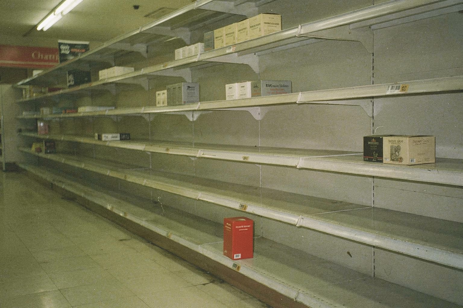 A mostly empty store shelf with one red box among muted products